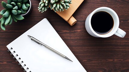 White notebook, pen and coffee cup on a wooden table.