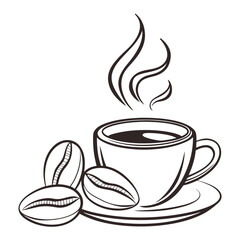 Coffee cup with beans and steam drink