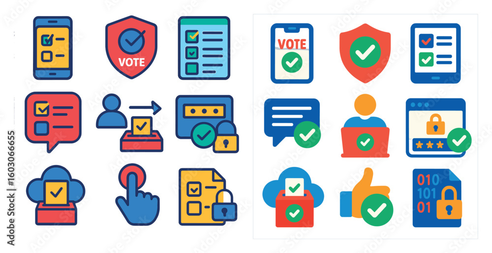 Poster set of icons for a voting app. the icons include a check mark for voting, a person holding a box, a 