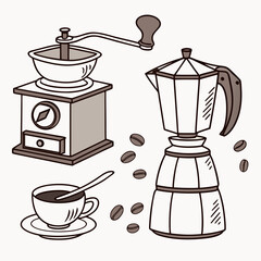 Coffee grinder moka pot cup and beans brewing equipment