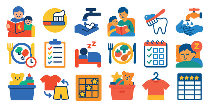 Collection of icons that represent daily activities such as brushing teeth, reading, and sleeping. The icons are colorful and playful, conveying a sense of fun and positivity