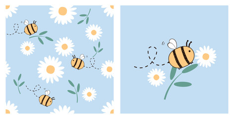 Seamless pattern with daisy chamomile flower, green branches and bee cartoons on blue background vector. Bee cartoon on green branch and daisy icon sign.