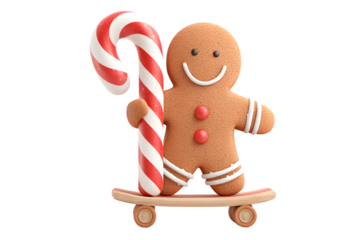 Gingerbread kid with candy cane skateboard, 3d animation, isolated on a white background, in a simple style, with a transparent PNG