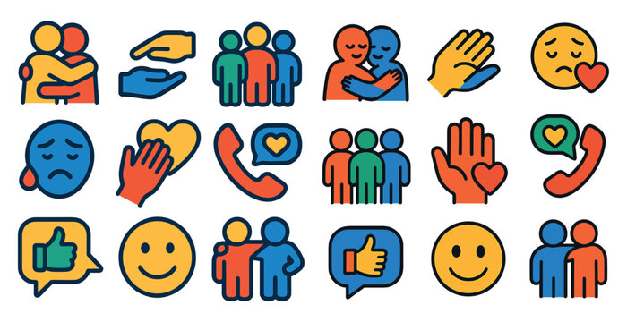 Collection of emoticons and icons that represent different emotions and actions. The icons include a smiling face, a frowning face, a hand giving a hug, a hand giving a high five