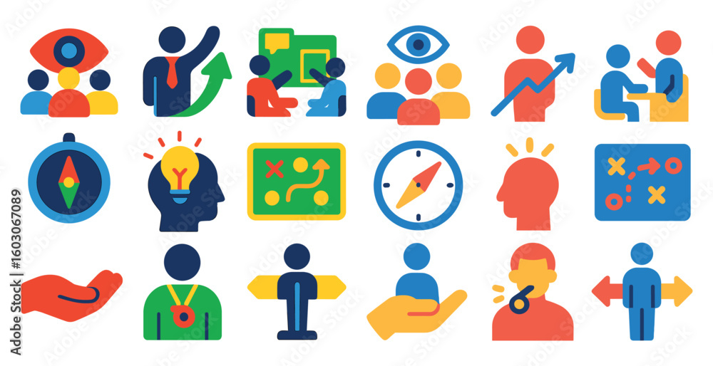 Poster collection of icons that represent different ideas and concepts. the icons include a person holding 
