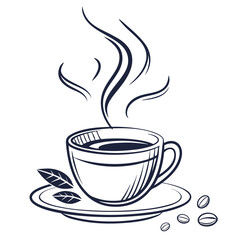 Steaming coffee cup with beans and leaves saucer coffee beans