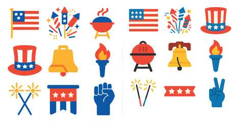 Collection of American symbols and icons, including the American flag, the Liberty Bell, the Statue of Liberty, and the Olympic Torch