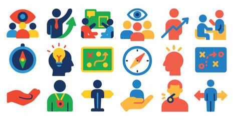 Collection of icons that represent different ideas and concepts. The icons include a person holding a compass, a person holding a hand, a person holding a key, a person holding a book