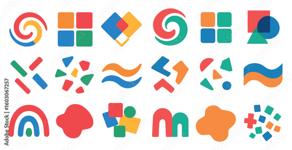 Poster collection of colorful shapes and designs, including squares, triangles, and circles. the shapes are