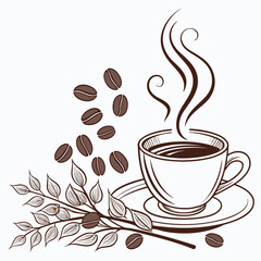Steaming coffee cup with beans and leaves saucer