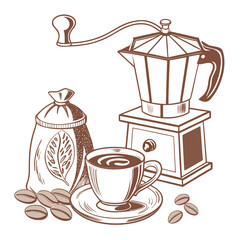 Coffee grinder kettle cup beans bag saucer