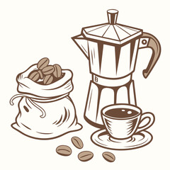 Coffee kettle beans and cup saucer