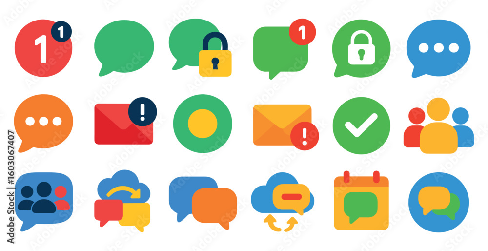 Poster collection of colorful icons for various messaging apps. the icons include a red and blue one with a