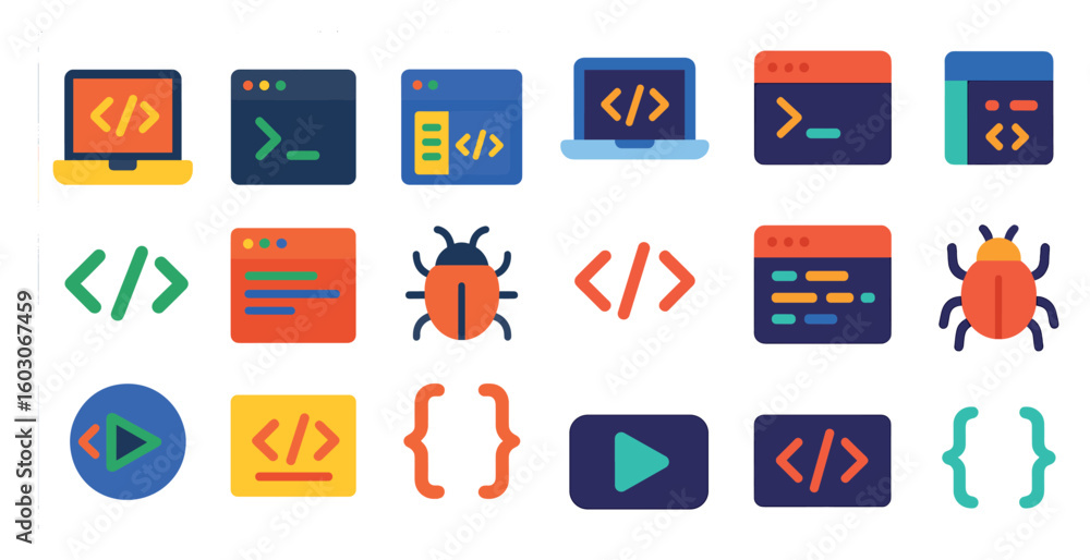 Poster collection of computer icons, including a bug, a computer monitor, and a keyboard. the icons are all