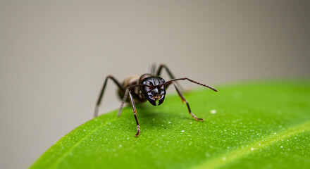 Fototapeta premium A macro photograph of a bullet ant standing on a green leaf, sharp details on mandibles and body, with light background blur.