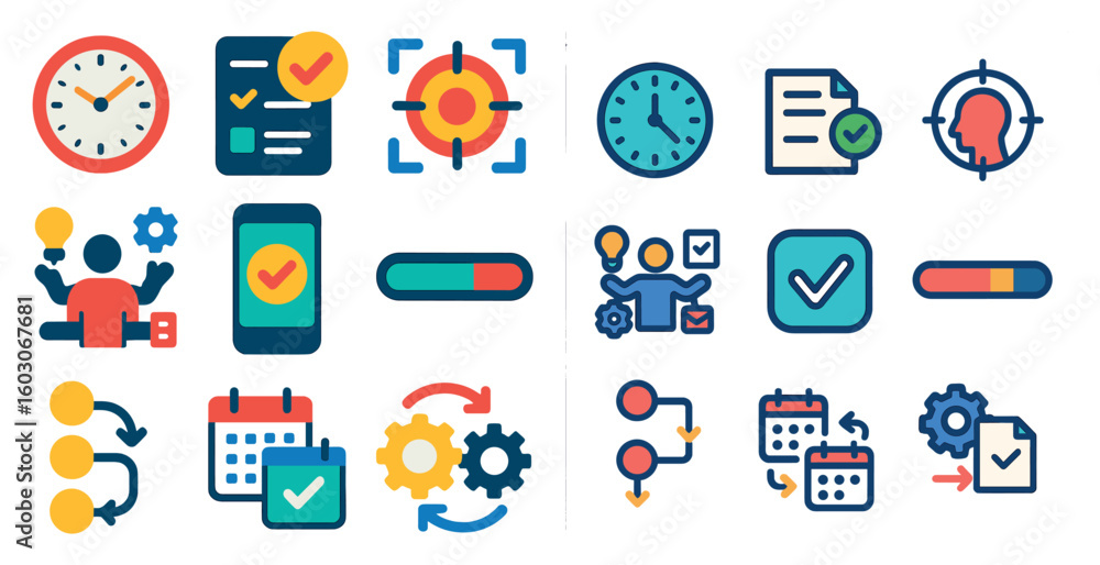 Poster collection of icons for a calendar app. the icons include a clock, a person, a cell phone, and a che