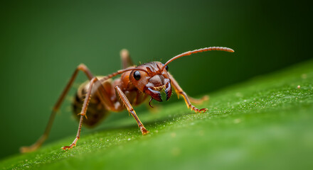 Fototapeta premium A macro photograph of a bullet ant standing on a green leaf, sharp details on mandibles and body, with light background blur.
