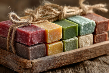 Colorful natural soaps arranged beautifully on rustic wooden tray