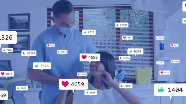dentist placing bib causing animated social icons showing patient engagement growth in clinic