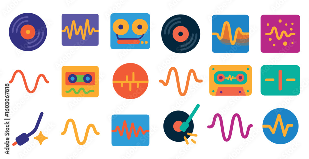 Poster collection of colorful icons for music production software. the icons include a record player, a mic
