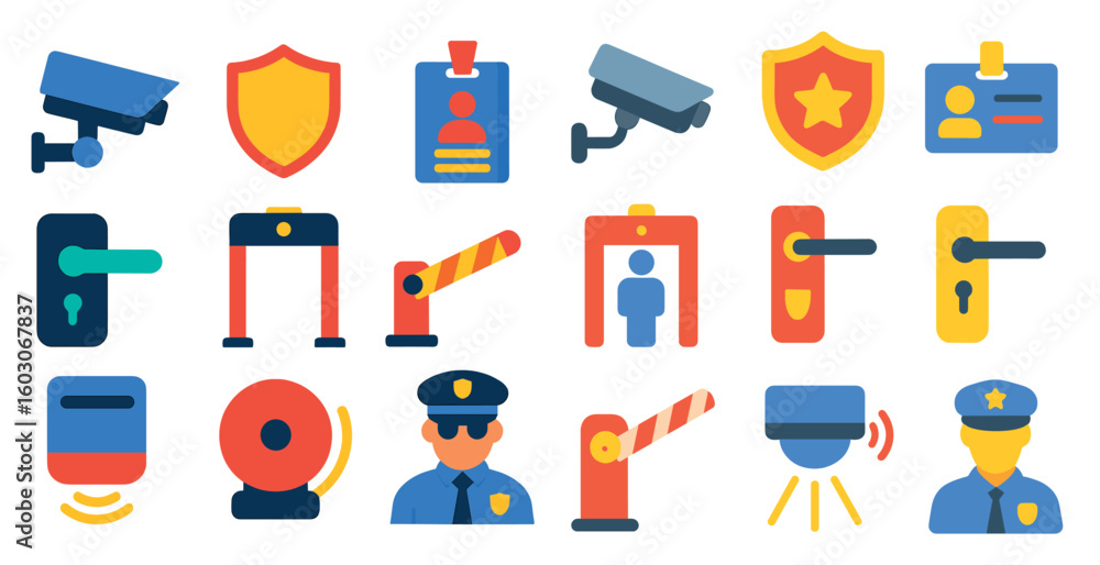 Poster collection of icons for security and surveillance, including a badge, a badge with a star, a badge w