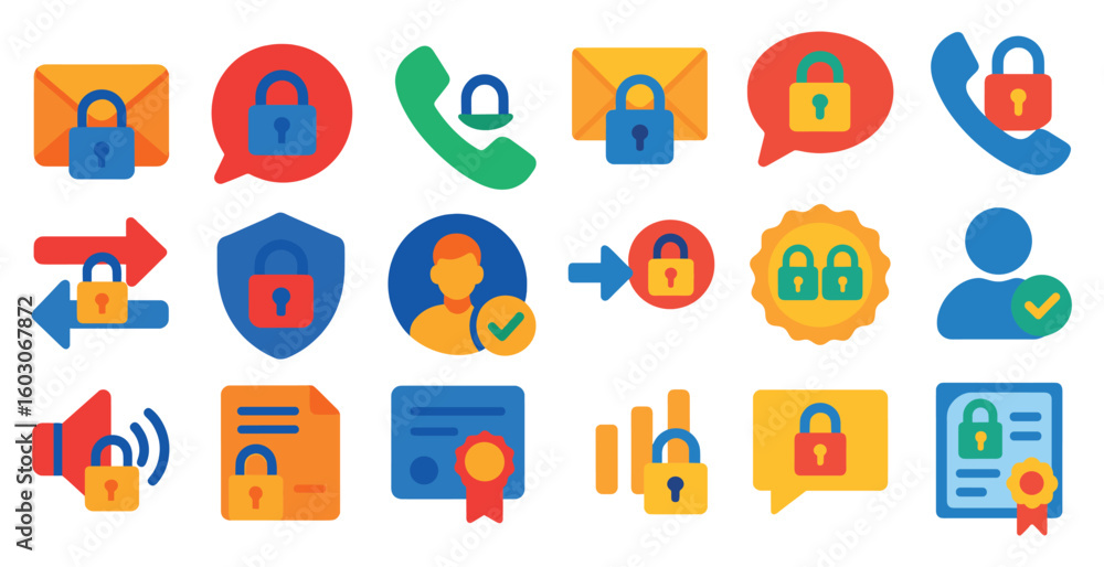 Poster collection of icons for various security measures. the icons include a lock, a key, a shield, a pers