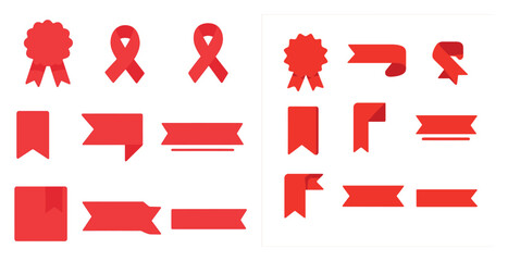 Collection of red ribbon symbols. The ribbon symbols are red and are arranged in various shapes and sizes