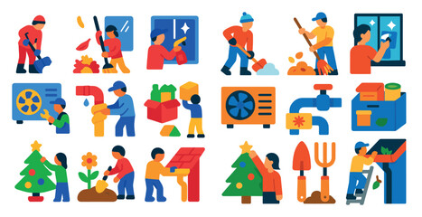 Series of illustrations of people doing various tasks, including cleaning, gardening, and fixing things. Scene is cheerful and upbeat, with the people working together to accomplish their goals