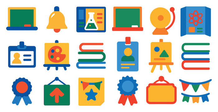 Collection of school-related icons, including a bell, a book, a laptop, a chalkboard, and a person