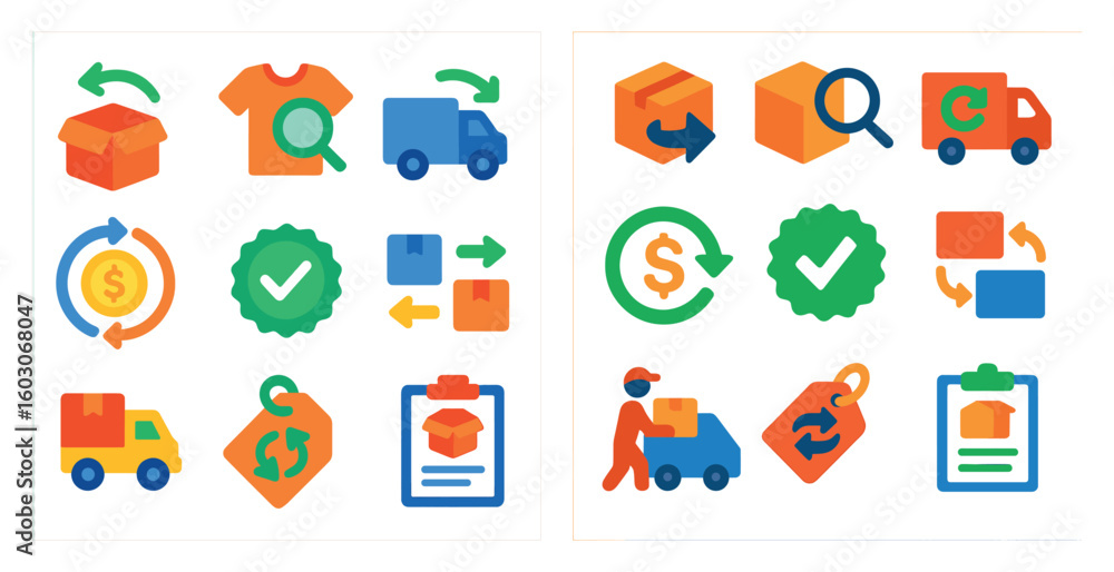 Poster two sets of icons for a delivery service. one set has a green check mark and the other has a red che