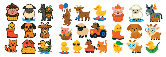 Obraz premium Collection of cartoon animals, including a pig, a goat, a dog, a cat, and a duck