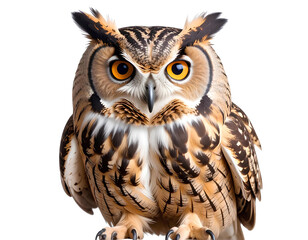 Obraz premium Majestic brown and white owl png wise nocturnal bird png detailed feathered guardian transparent background.