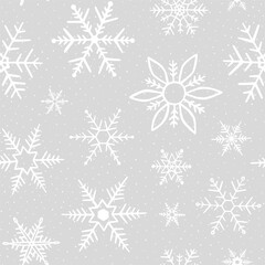 Falling snowflake. Seamless pattern snowflakes. Design grey texture prints. Winter season. Snow flakes background. Repeated frozen star. Repeating gray snows flake. Crystal patern. Vector illustration
