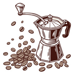Coffee grinder and moka pot with scattered beans brewing