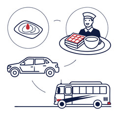 Resort services icons car bus food service vector