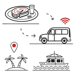Resort services icons food transport travel wifi island boat