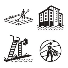 Resort amenities icons swimming building diving basketball