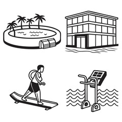 Resort amenities icons palm trees building treadmill person
