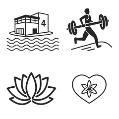 Resort building weightlifting lotus heart icons water