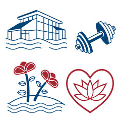 Blue and red resort amenity icons amenities building