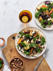 Top view healthy vegetarian dinner with root vegetables salad
