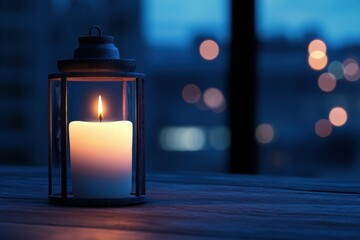A lit candle inside a rustic lantern on a wooden surface with blurred city lights in the evening background.