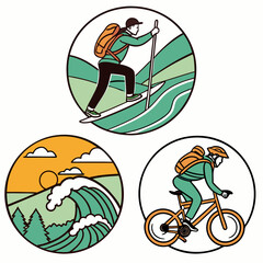 Outdoor activity icons with people and nature hiking