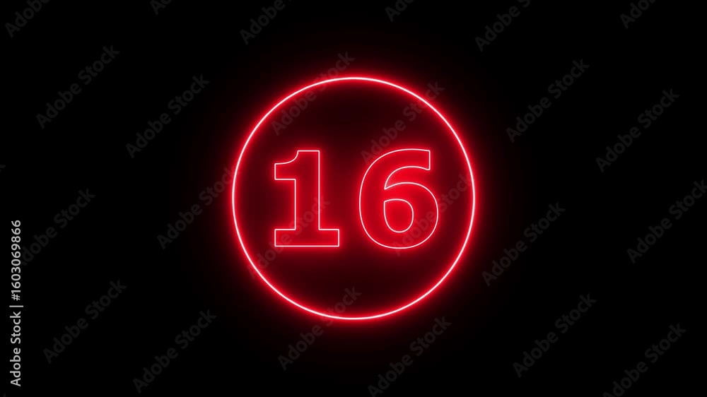 Poster neon line red color number icon animation with 16 number