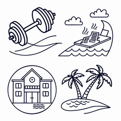 Resort vacation and fitness icons dumbbell beach
