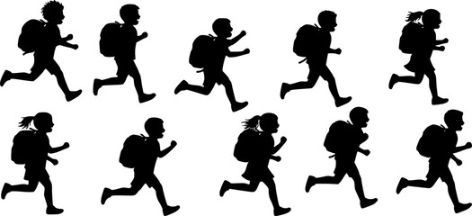 Kids running to school with bags silhouette vector.
