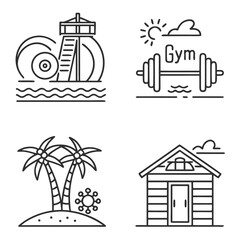 Resort icons beach gym palm trees and lifeguard tower