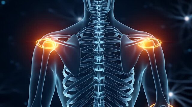 Shoulder joints scan with glowing rotator cuff and upper bones
