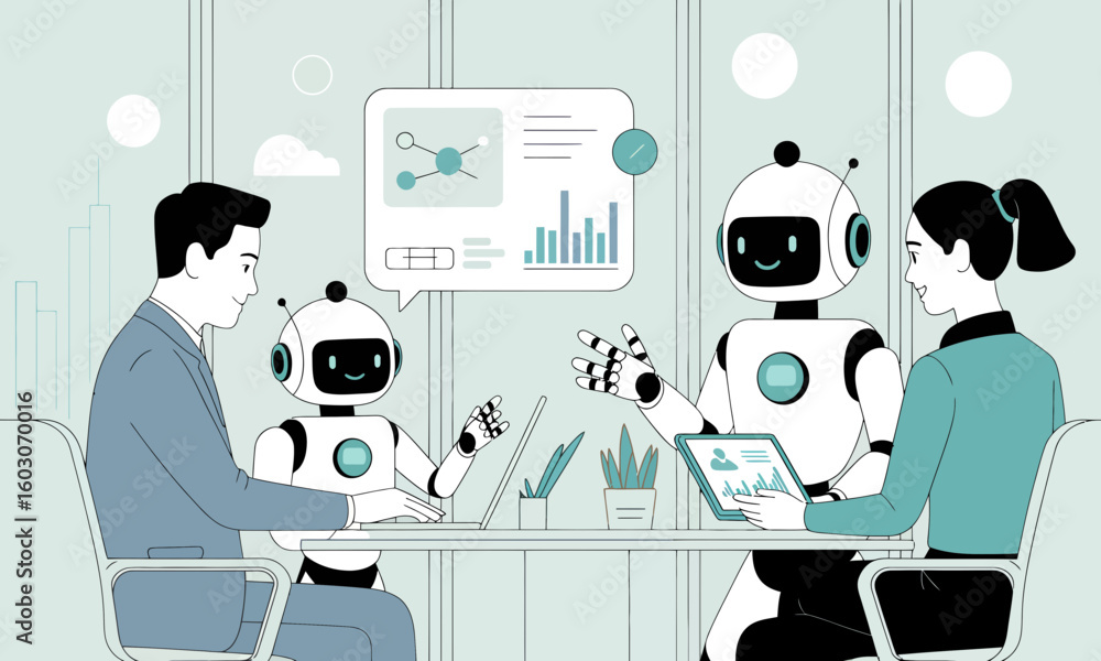 Poster two humans and two robots are sitting at a table, seemingly in a business meeting, discussing data a