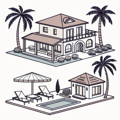 Tropical resort homes with palm trees and pool villa